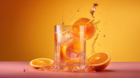 Cocktail with ice cubes, orange and water splash on orange backgroundの素材