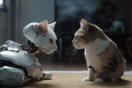 cute little cat playing with robot toy at home. artificial intelligence conceptの素材