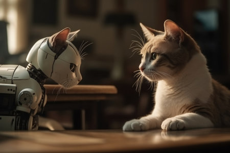 Cute cat and robot on table at home. Artificial intelligence conceptの素材