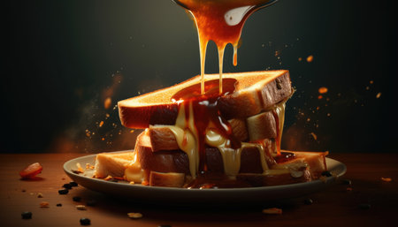 Falling melted caramel on toasted bread with caramel sauce on dark backgroundの素材