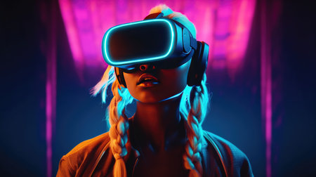Young woman wearing virtual reality goggles. Future technology concept. Neon lights.の素材