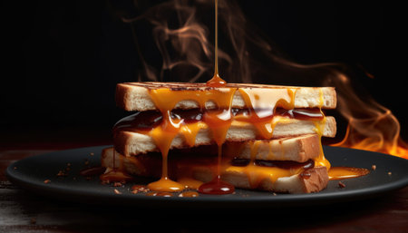 Delicious hot sandwich with melted cheese and caramel sauce on wooden tableの素材