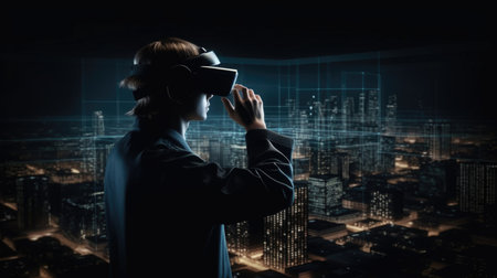 Young woman wearing virtual reality goggles against night cityscape background 3D renderingの素材
