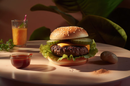 Hamburger with a glass of orange juice on a wooden tableの素材