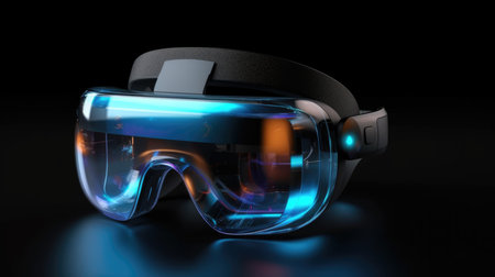 Virtual reality glasses isolated on black background. 3D rendering illustration.の素材