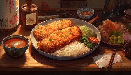 Japanese food, fried fish fingers with rice and vegetables in a restaurantの素材
