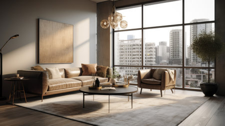 Modern living room interior with brown sofa, coffee table and city view. 3D Renderingの素材