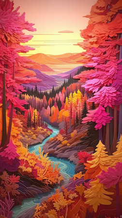 Beautiful autumn forest landscape with river and mountains. Vector illustration.の素材