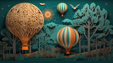 Paper art and craft style of hot air balloon flying in the forestの素材