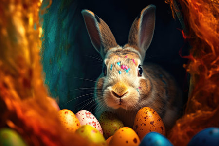 Easter bunny with colored eggs in a nest on a dark backgroundの素材