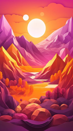 Mountain landscape with river, forest and sunset. Cartoon vector illustration.の素材