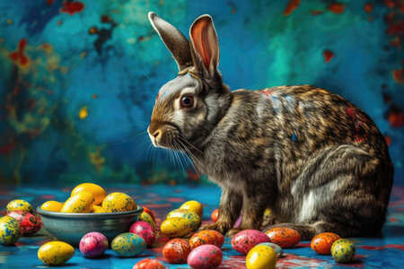 Easter bunny with colorful eggs on blue background. Studio shot.の素材