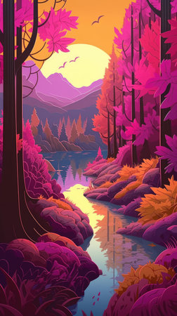 Autumn forest landscape with river, trees and sunset. Vector illustrationの素材