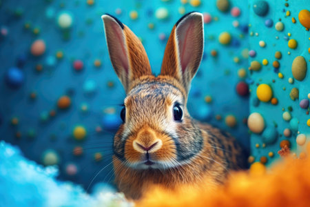 Cute rabbit on colorful background. Easter concept. Selective focus.の素材