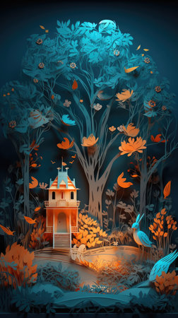 Illustration of a beautiful fantasy landscape with a small chapel in the forestの素材