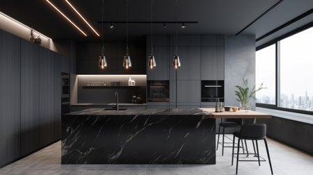Interior of modern kitchen with black and gray walls, concrete floor, gray countertops with built in sink and cooker and bar with stools. 3d renderingの素材