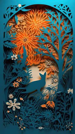 Vintage paper cut style illustration of a man with a snail in the forest.の素材