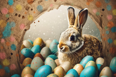 Easter bunny and colorful eggs in nest. Happy Easter concept.の素材
