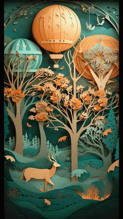 Paper art style of fantasy forest with flying hot air balloons and deerの素材