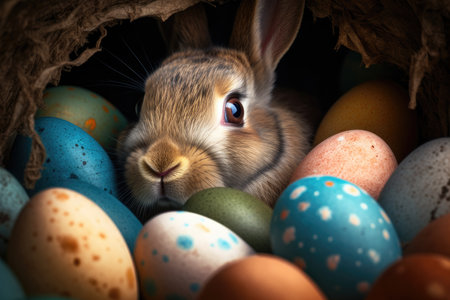 Easter bunny and colored eggs in a nest on a black backgroundの素材