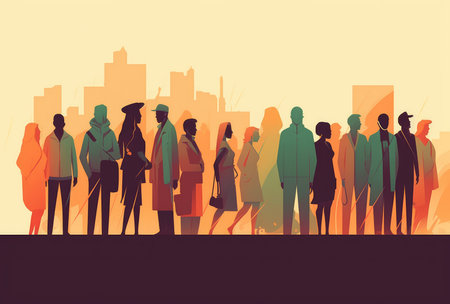 Vector illustration of a crowd of people on the background of the cityの素材