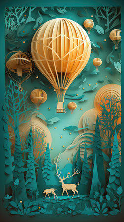 Paper art style illustration of hot air balloons flying over the forest.の素材