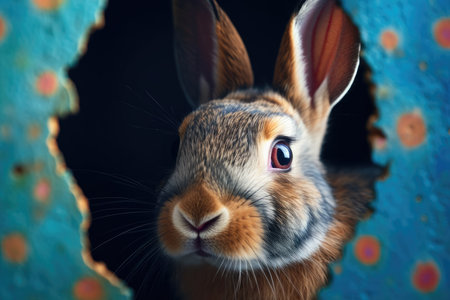 Close-up portrait of a cute brown rabbit on a blue backgroundの素材
