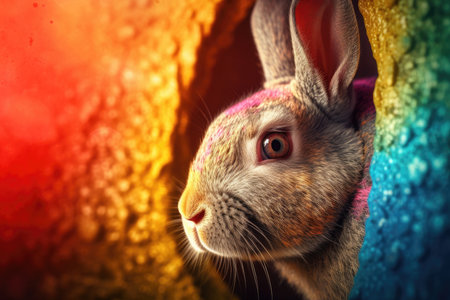Rabbit on colorful background. Easter holiday concept. Copy space.の素材