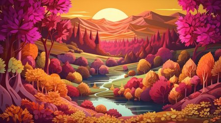 Autumn landscape with river, forest and mountains. Vector illustration.の素材