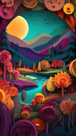 Cartoon nature landscape background with river and trees. Vector illustration.の素材