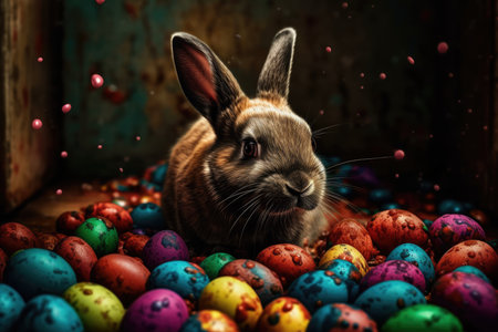 Easter bunny with colorful eggs on rustic background, close upの素材