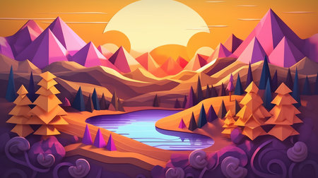 Mountain landscape with river, lake, forest and mountains at sunset. Cartoon vector illustrationの素材
