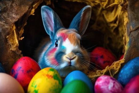 Easter bunny and colorful eggs in a nest. Selective focus.の素材