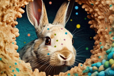 Cute funny rabbit looking through a hole in the wall. Easter concept.の素材