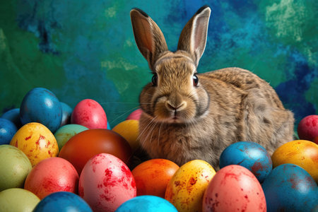 Easter bunny with colorful eggs on a green background. Happy Easter.の素材