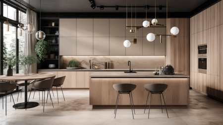 Interior of stylish kitchen with black and white walls, concrete floor, wooden cupboards and bar with stools. 3d renderingの素材