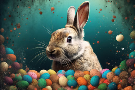 Easter bunny and colorful eggs on green background. 3d renderingの素材