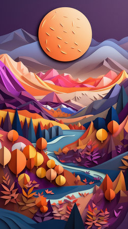 Autumn landscape with mountains and river. Colorful vector illustration.の素材