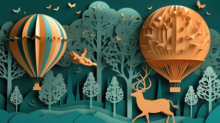 Paper art style of flying hot air balloons in the forest. Paper art and craft style.の素材