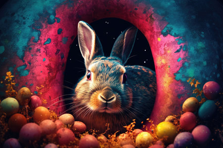 Easter bunny and colorful eggs in the nest. Easter background.の素材