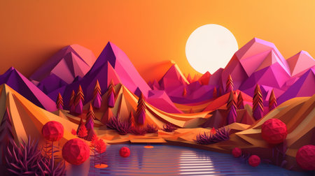 3D Render Abstract Mountain Landscape at Sunset. 3D Renderingの素材