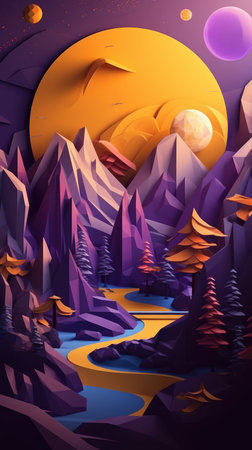 Mountain landscape with a river and a moon. Vector illustration.の素材