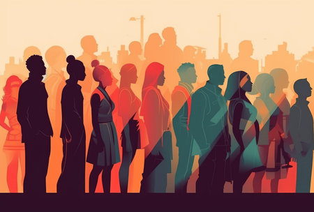 Silhouettes of people on the background of the city. Vector illustrationの素材