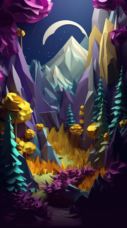 Colorful fantasy landscape with mountains, trees and crescent moon. Vector illustrationの素材