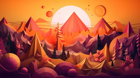Mountain and forest landscape at sunset. Cartoon style vector illustration.の素材