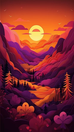 Mountain landscape with forest and sunset. Nature background. Vector illustration.の素材