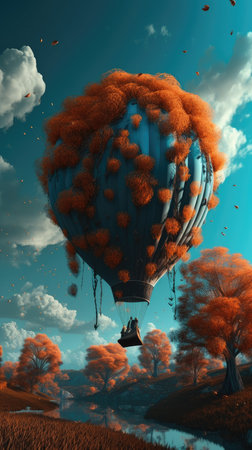 Hot air balloon flying in the autumn forest. 3D illustration.の素材