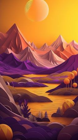 Mountain landscape with sunset. Cartoon illustration of mountain landscape with sunset backgroundの素材