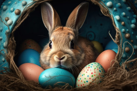 Easter bunny in nest with colorful eggs. Happy Easter concept.の素材