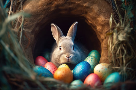 Easter bunny and colorful eggs in nest. Selective focus.の素材